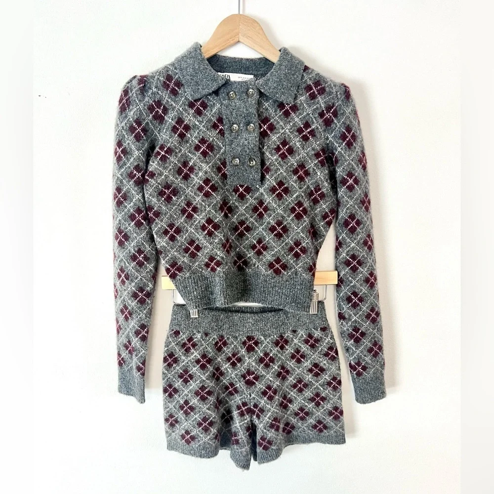 Zara Gray Knit Argyle Shorts & Long Sleeve‎ Collared Top Wool Blend Set Size S/M